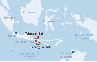 Map to Tulamben and Padang Bai in Bali, Indonesia